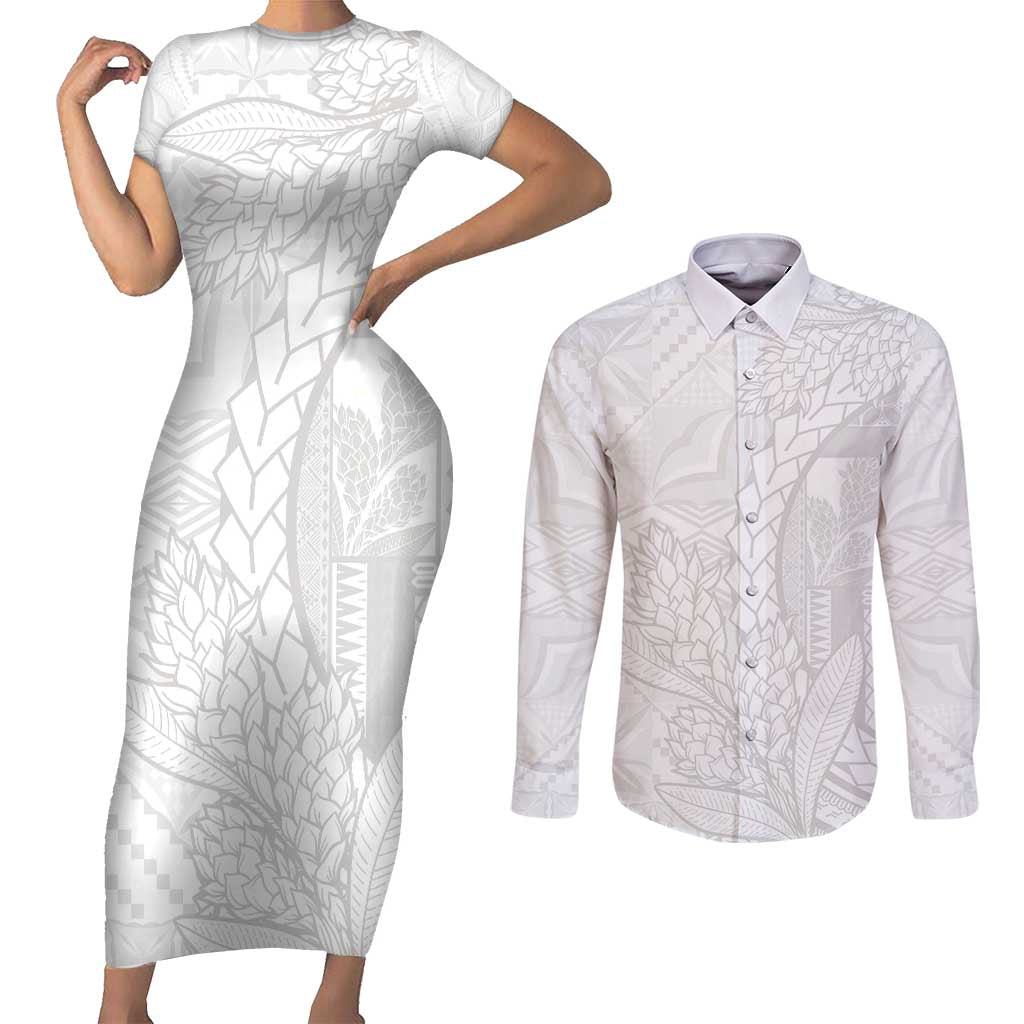 Samoa White Sunday Couples Matching Short Sleeve Bodycon Dress and Long Sleeve Button Shirt Lotu Tamaiti Siapo With Teuila