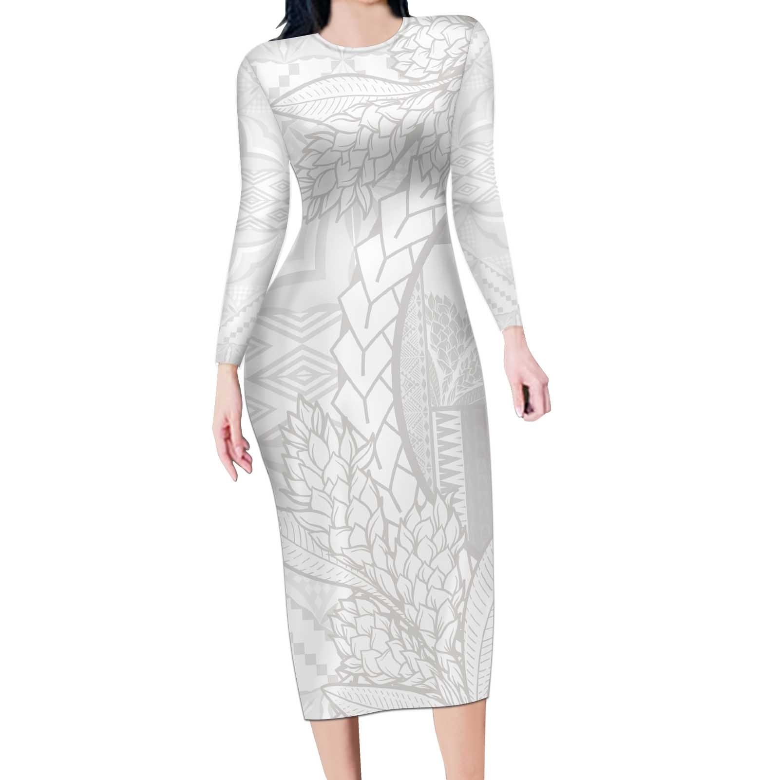 Samoa White Sunday Long Sleeve Bodycon Dress Lotu Tamaiti Siapo With Teuila