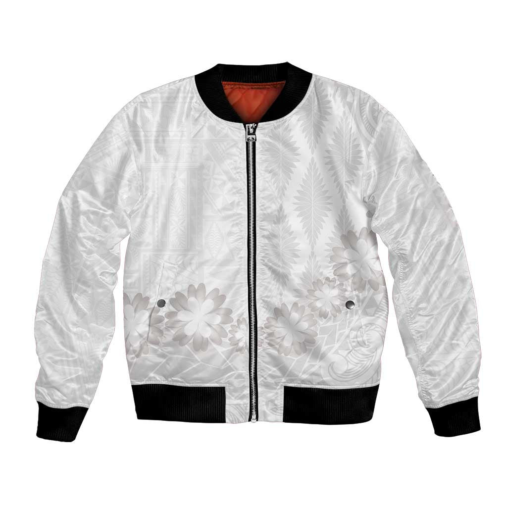 Tonga White Sunday Bomber Jacket Manuia le Aso Sa o Tamaiti Heilala With Ngatu Pattern