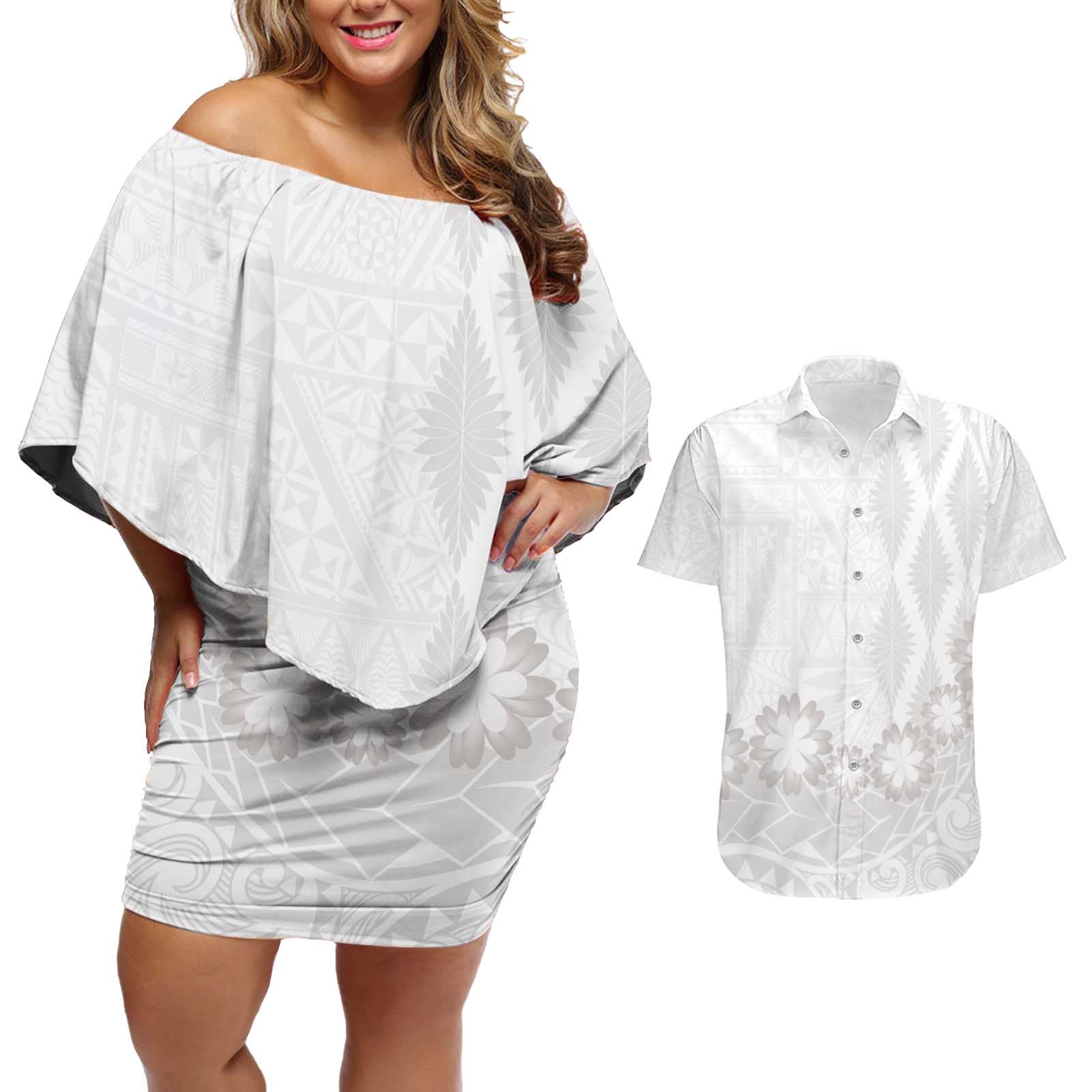 Tonga White Sunday Couples Matching Off Shoulder Short Dress and Hawaiian Shirt Manuia le Aso Sa o Tamaiti Heilala With Ngatu Pattern