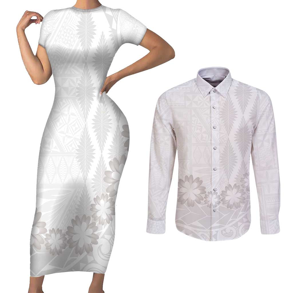 Tonga White Sunday Couples Matching Short Sleeve Bodycon Dress and Long Sleeve Button Shirt Manuia le Aso Sa o Tamaiti Heilala With Ngatu Pattern