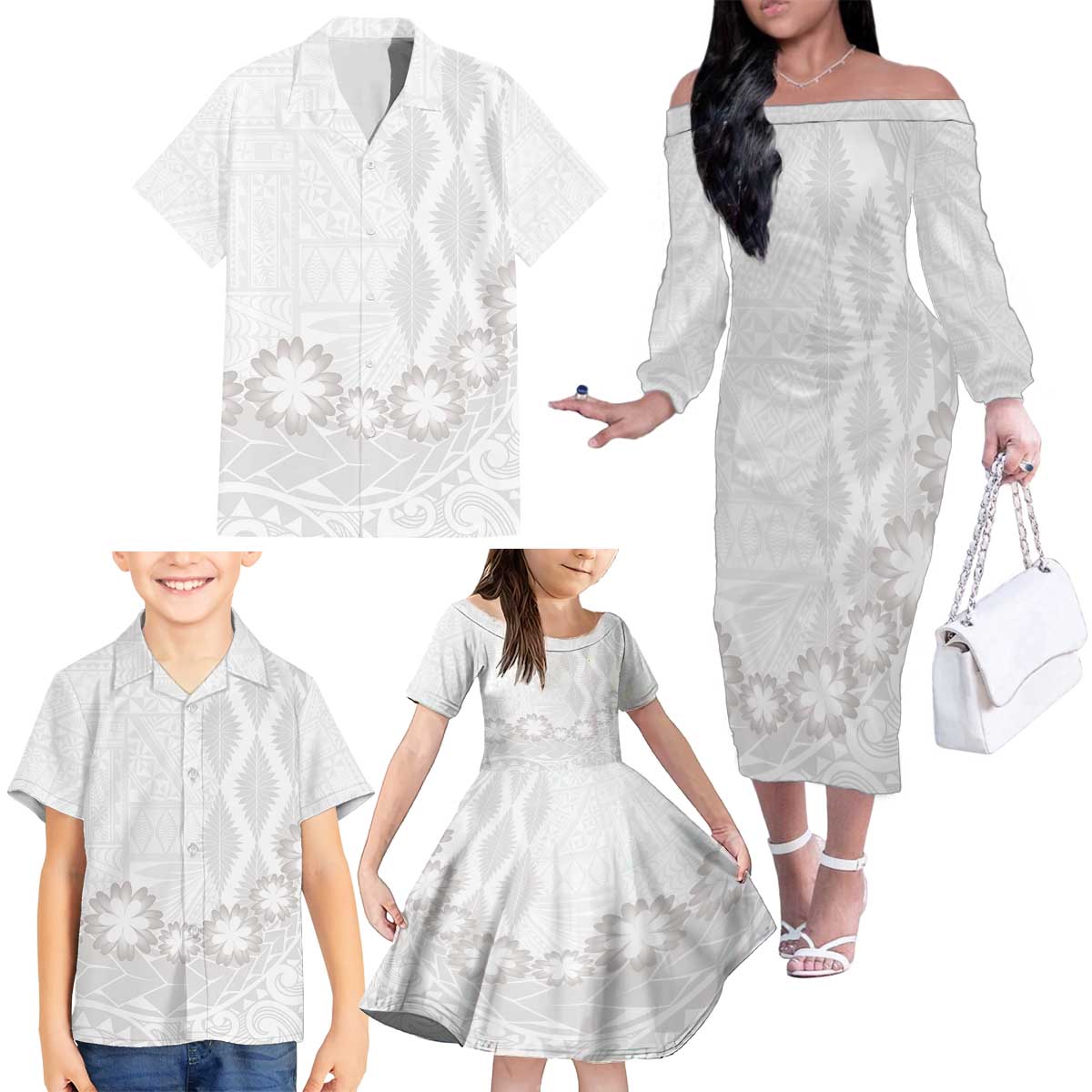 Tonga White Sunday Family Matching Off The Shoulder Long Sleeve Dress and Hawaiian Shirt Manuia le Aso Sa o Tamaiti Heilala With Ngatu Pattern