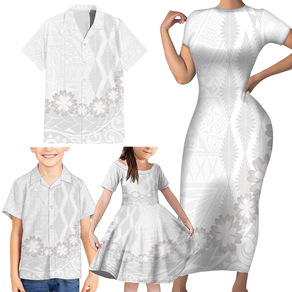 Tonga White Sunday Family Matching Short Sleeve Bodycon Dress and Hawaiian Shirt Manuia le Aso Sa o Tamaiti Heilala With Ngatu Pattern