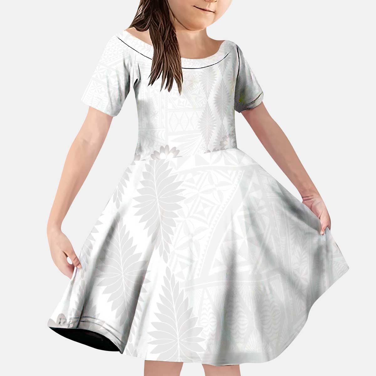 Tonga White Sunday Kid Short Sleeve Dress Manuia le Aso Sa o Tamaiti Heilala With Ngatu Pattern