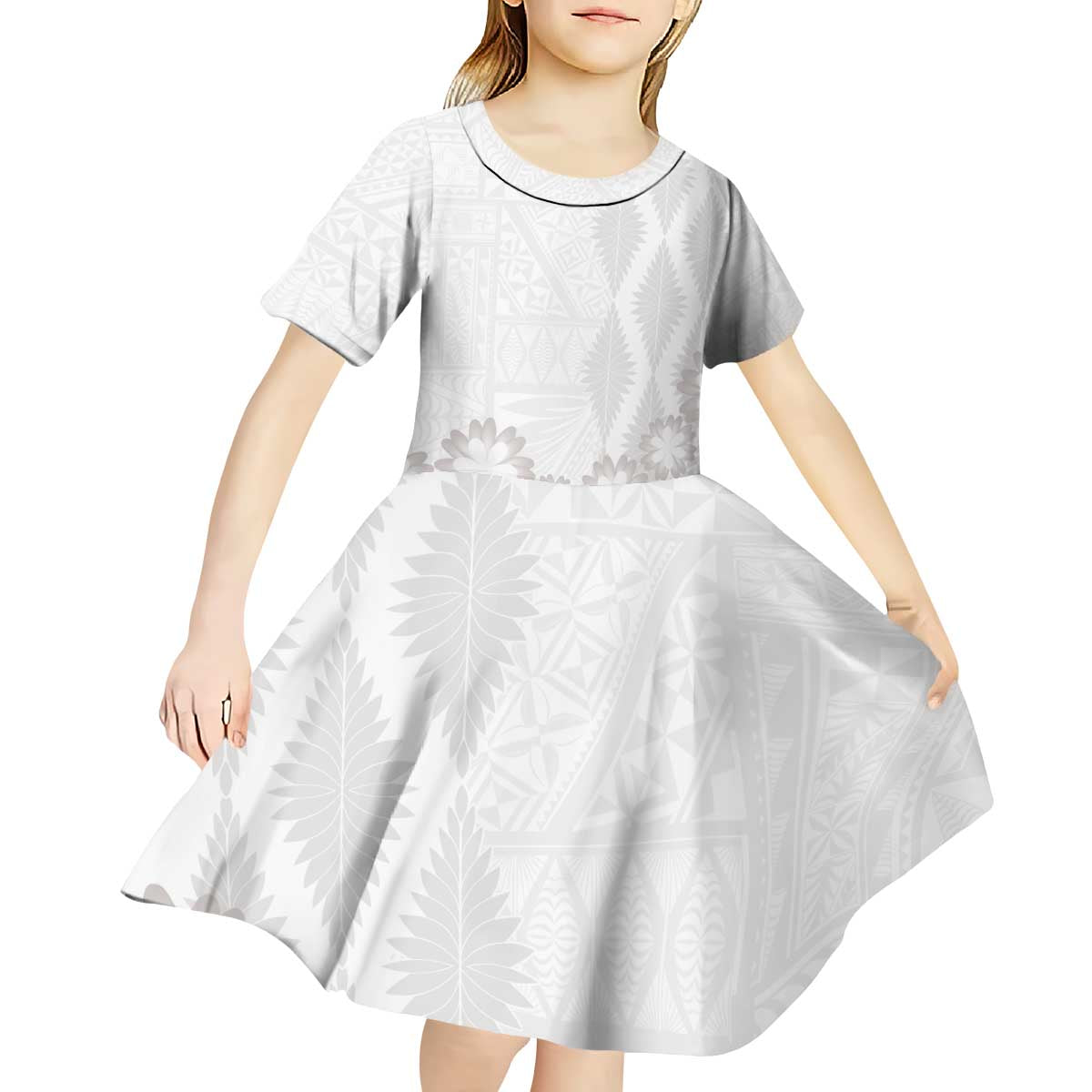 Tonga White Sunday Kid Short Sleeve Dress Manuia le Aso Sa o Tamaiti Heilala With Ngatu Pattern