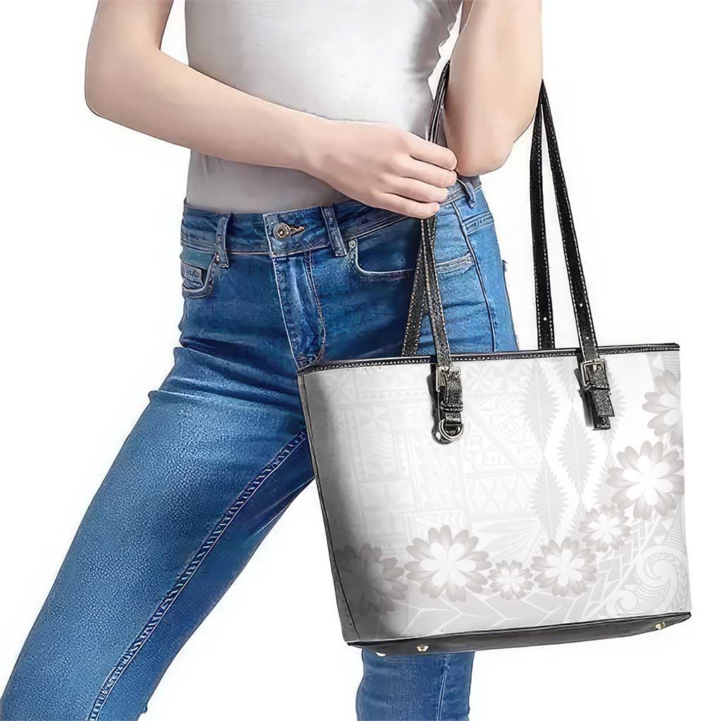 Tonga White Sunday Leather Tote Bag Manuia le Aso Sa o Tamaiti Heilala With Ngatu Pattern