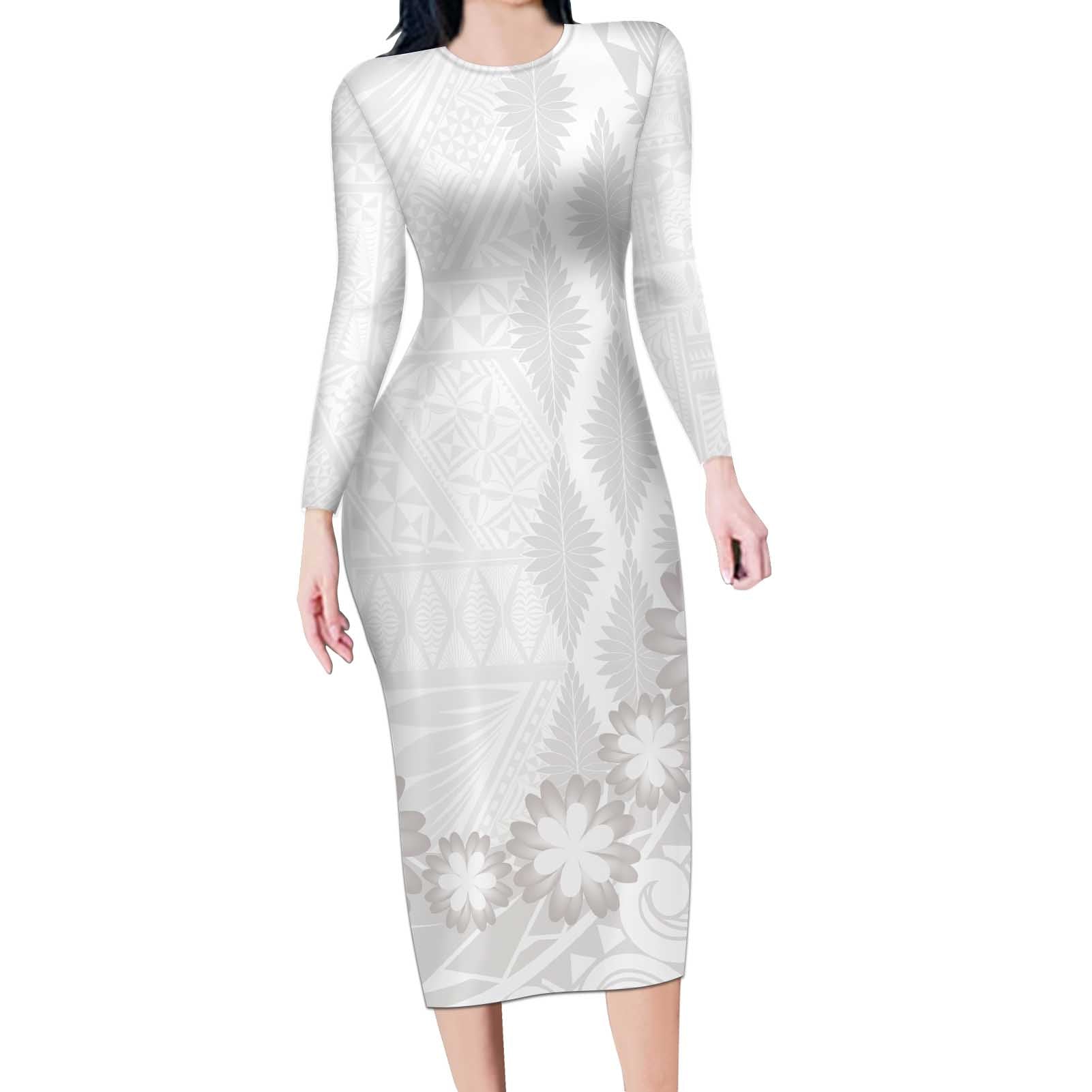 Tonga White Sunday Long Sleeve Bodycon Dress Manuia le Aso Sa o Tamaiti Heilala With Ngatu Pattern