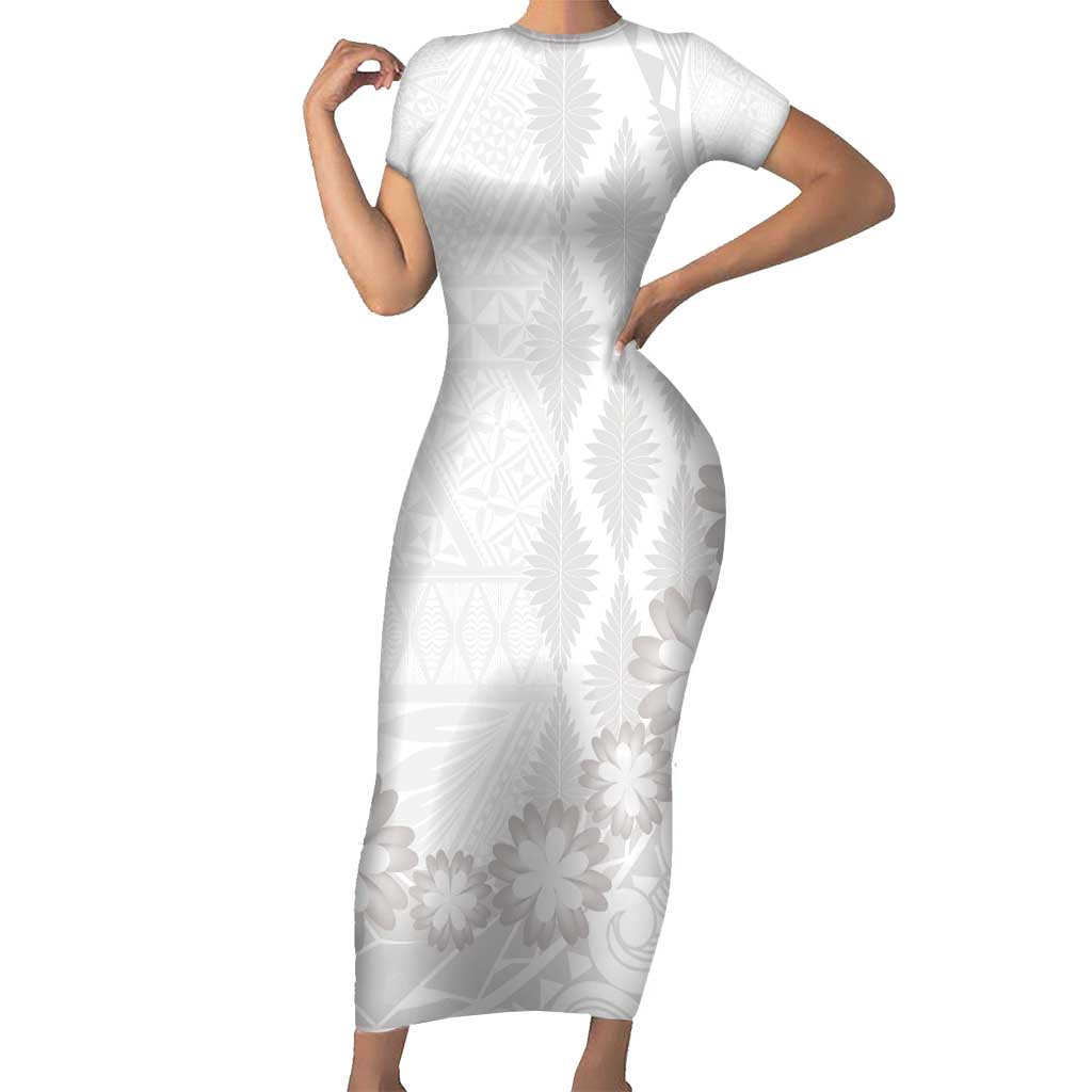 Tonga White Sunday Short Sleeve Bodycon Dress Manuia le Aso Sa o Tamaiti Heilala With Ngatu Pattern