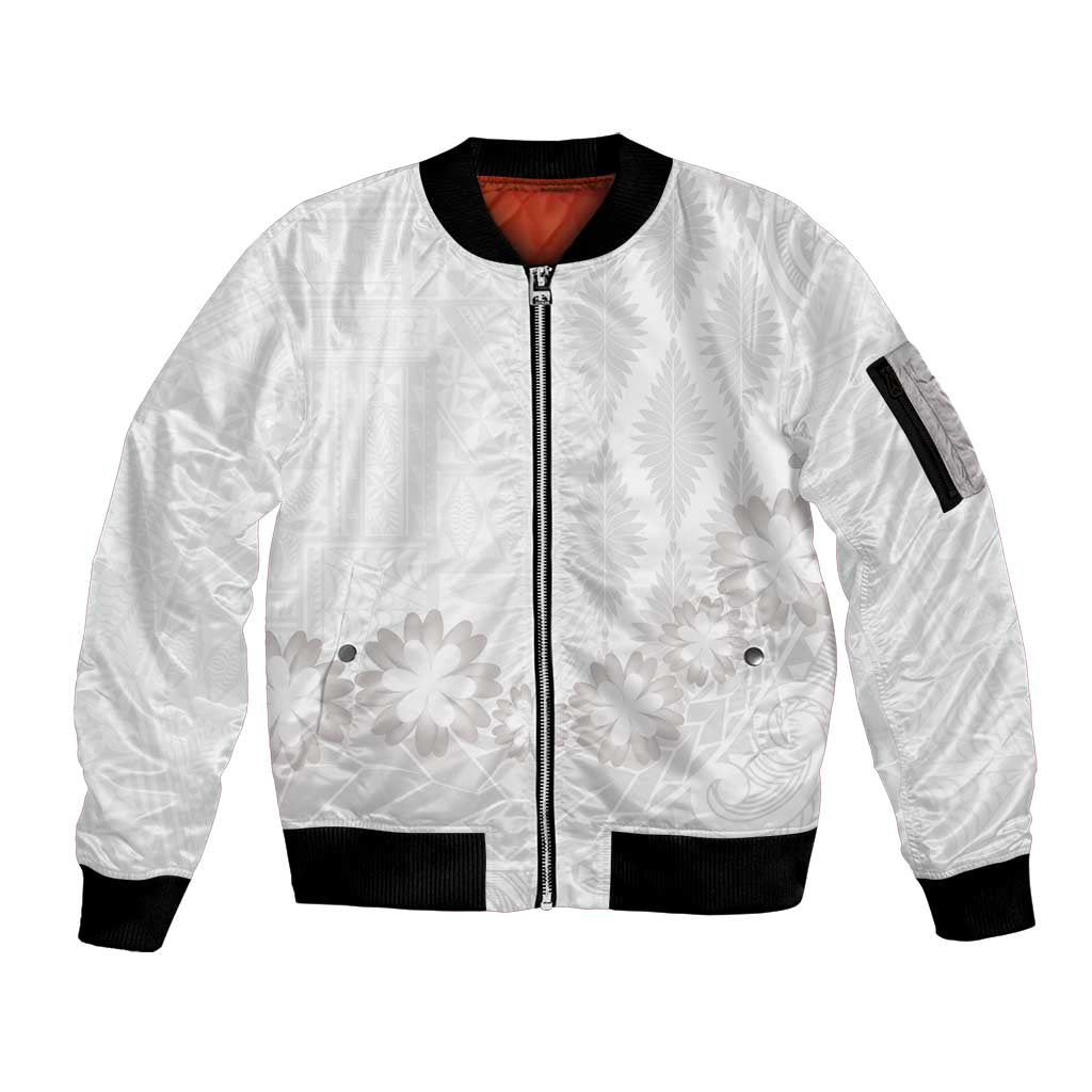 Tonga White Sunday Sleeve Zip Bomber Jacket Manuia le Aso Sa o Tamaiti Heilala With Ngatu Pattern