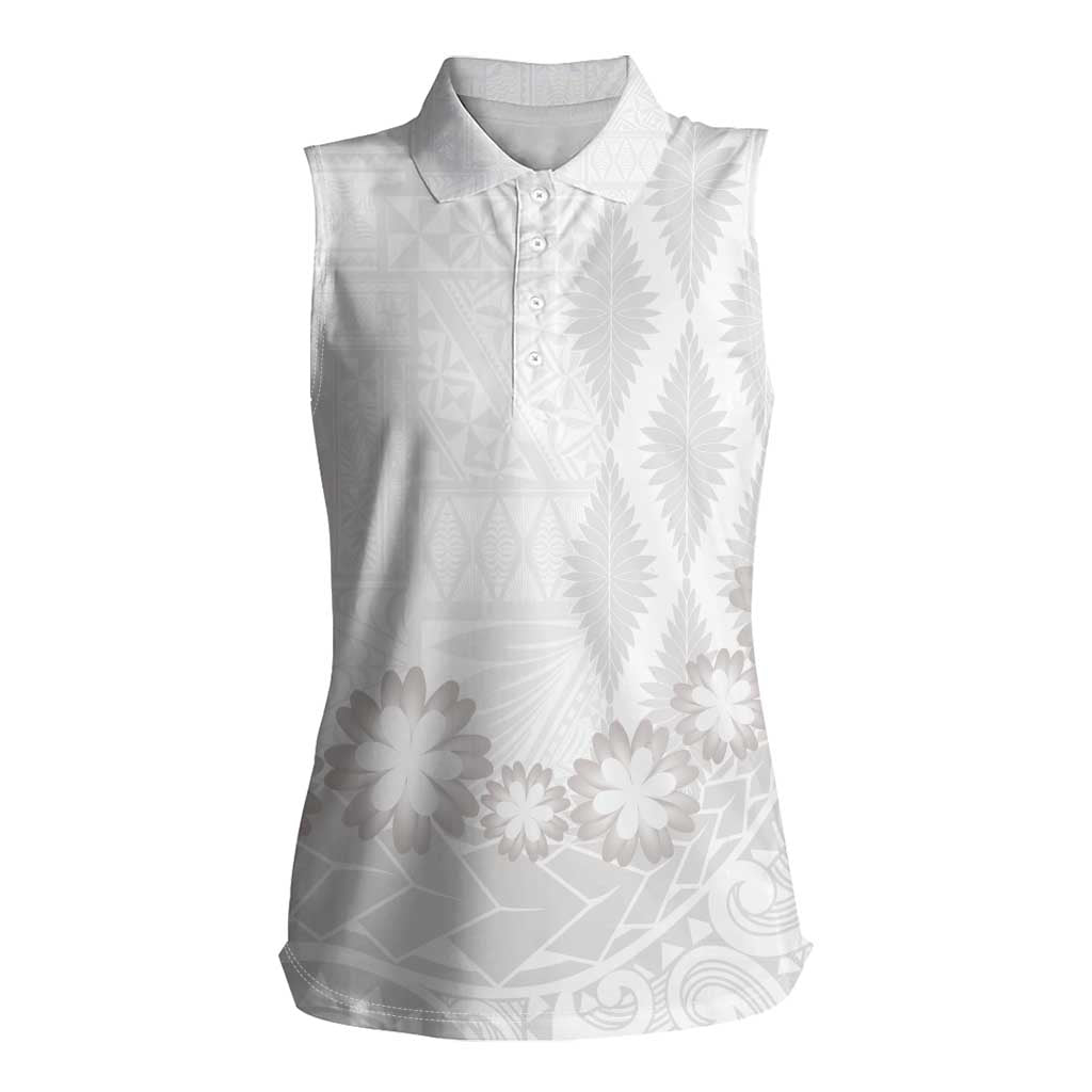 Tonga White Sunday Women Sleeveless Polo Shirt Manuia le Aso Sa o Tamaiti Heilala With Ngatu Pattern