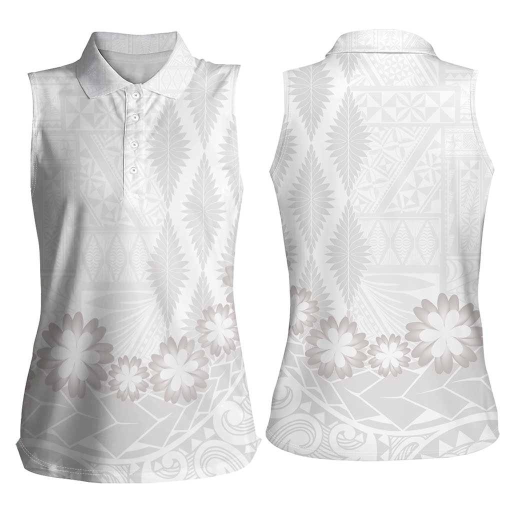 Tonga White Sunday Women Sleeveless Polo Shirt Manuia le Aso Sa o Tamaiti Heilala With Ngatu Pattern