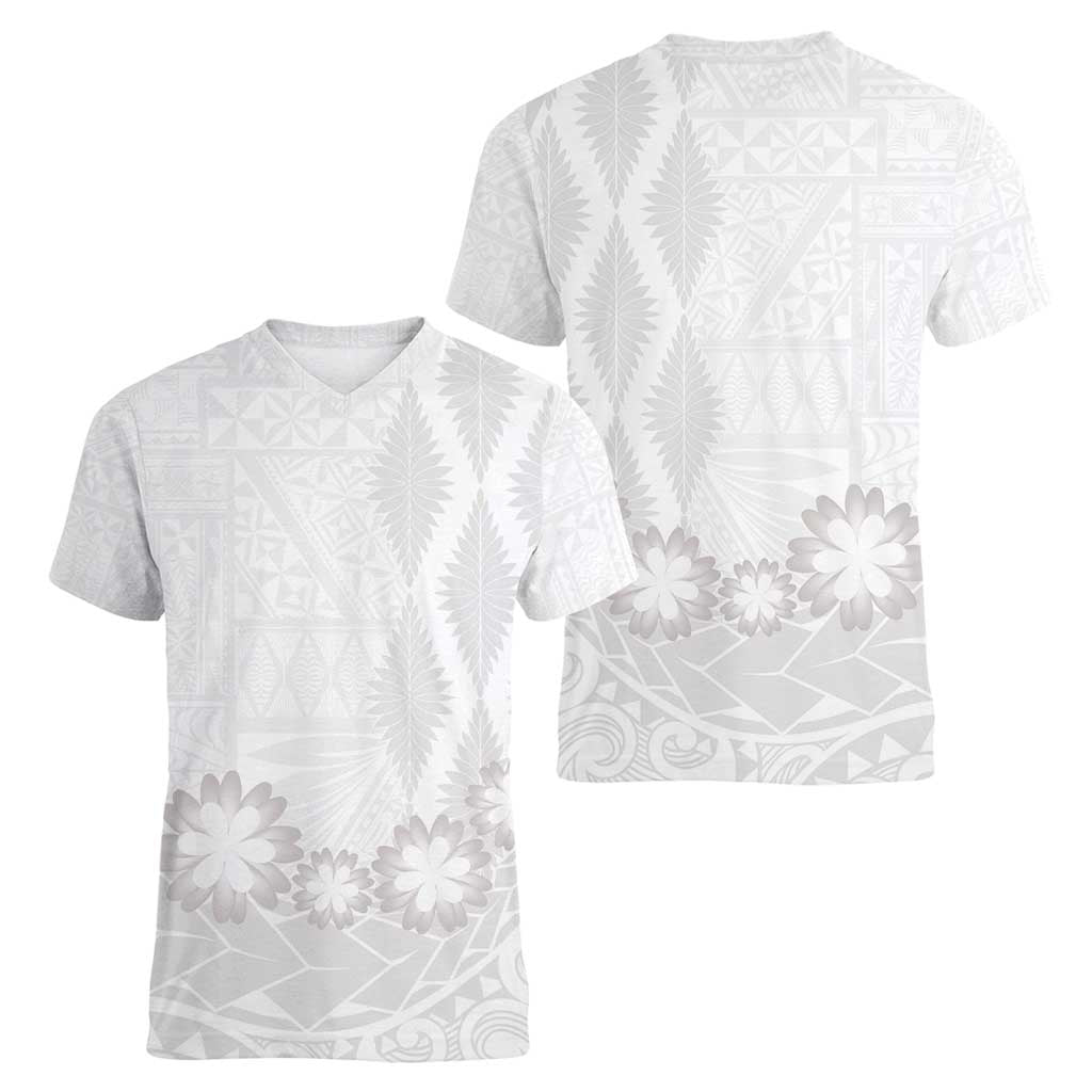 Tonga White Sunday Women V-Neck T-Shirt Manuia le Aso Sa o Tamaiti Heilala With Ngatu Pattern