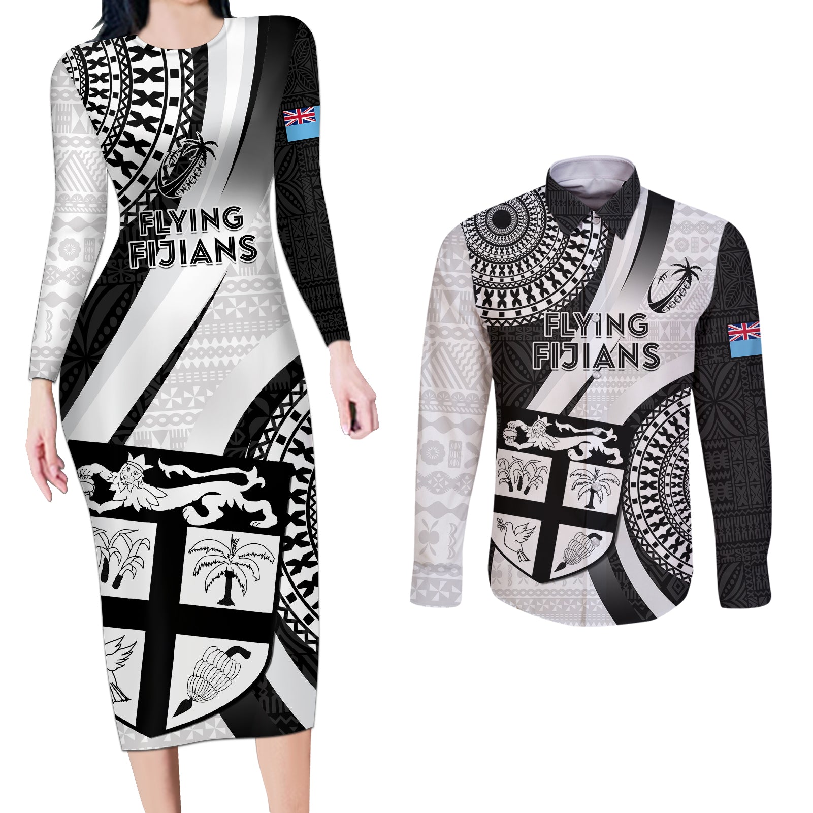 Fiji Rugby Couples Matching Long Sleeve Bodycon Dress and Long Sleeve Button Shirts World Cup 2023 Go Champions Fijian Tapa Black Version LT14 Black - Polynesian Pride