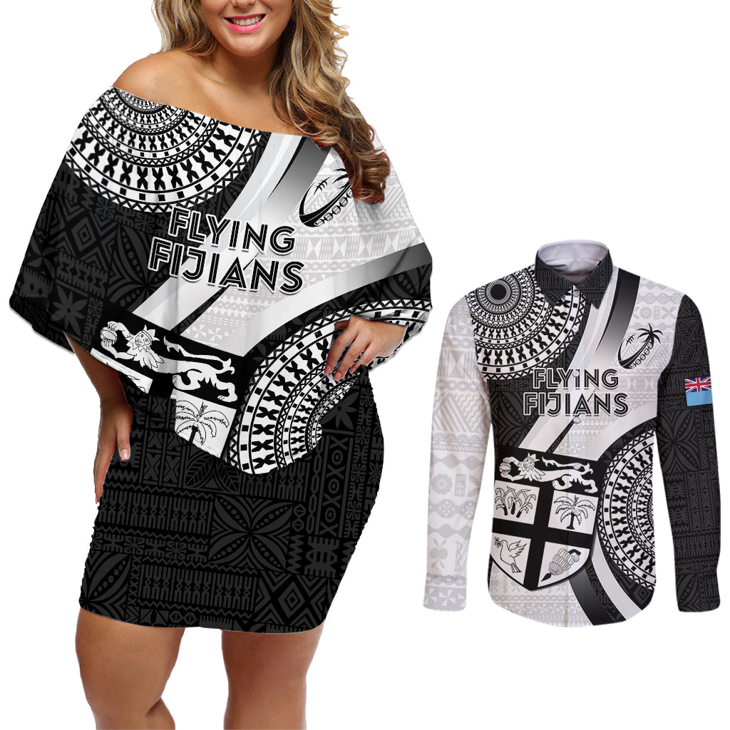 Fiji Rugby Couples Matching Off Shoulder Short Dress and Long Sleeve Button Shirts World Cup 2023 Go Champions Fijian Tapa Black Version LT14 Black - Polynesian Pride