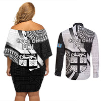 Fiji Rugby Couples Matching Off Shoulder Short Dress and Long Sleeve Button Shirts World Cup 2023 Go Champions Fijian Tapa Black Version LT14 - Polynesian Pride