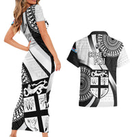 Fiji Rugby Couples Matching Short Sleeve Bodycon Dress and Hawaiian Shirt World Cup 2023 Go Champions Fijian Tapa Black Version LT14 - Polynesian Pride