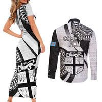 Fiji Rugby Couples Matching Short Sleeve Bodycon Dress and Long Sleeve Button Shirts World Cup 2023 Go Champions Fijian Tapa Black Version LT14 - Polynesian Pride