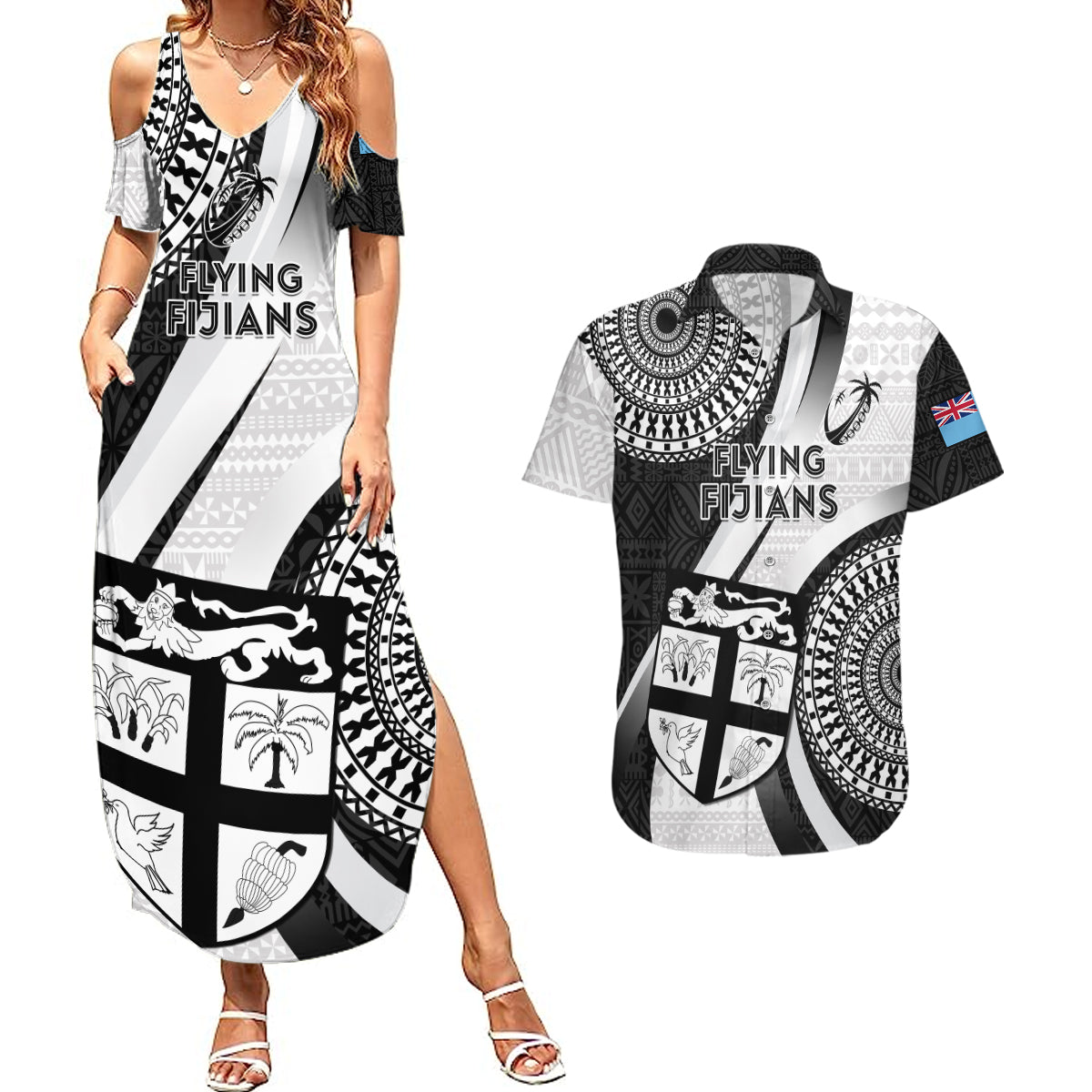 Fiji Rugby Couples Matching Summer Maxi Dress and Hawaiian Shirt World Cup 2023 Go Champions Fijian Tapa Black Version LT14 Black - Polynesian Pride