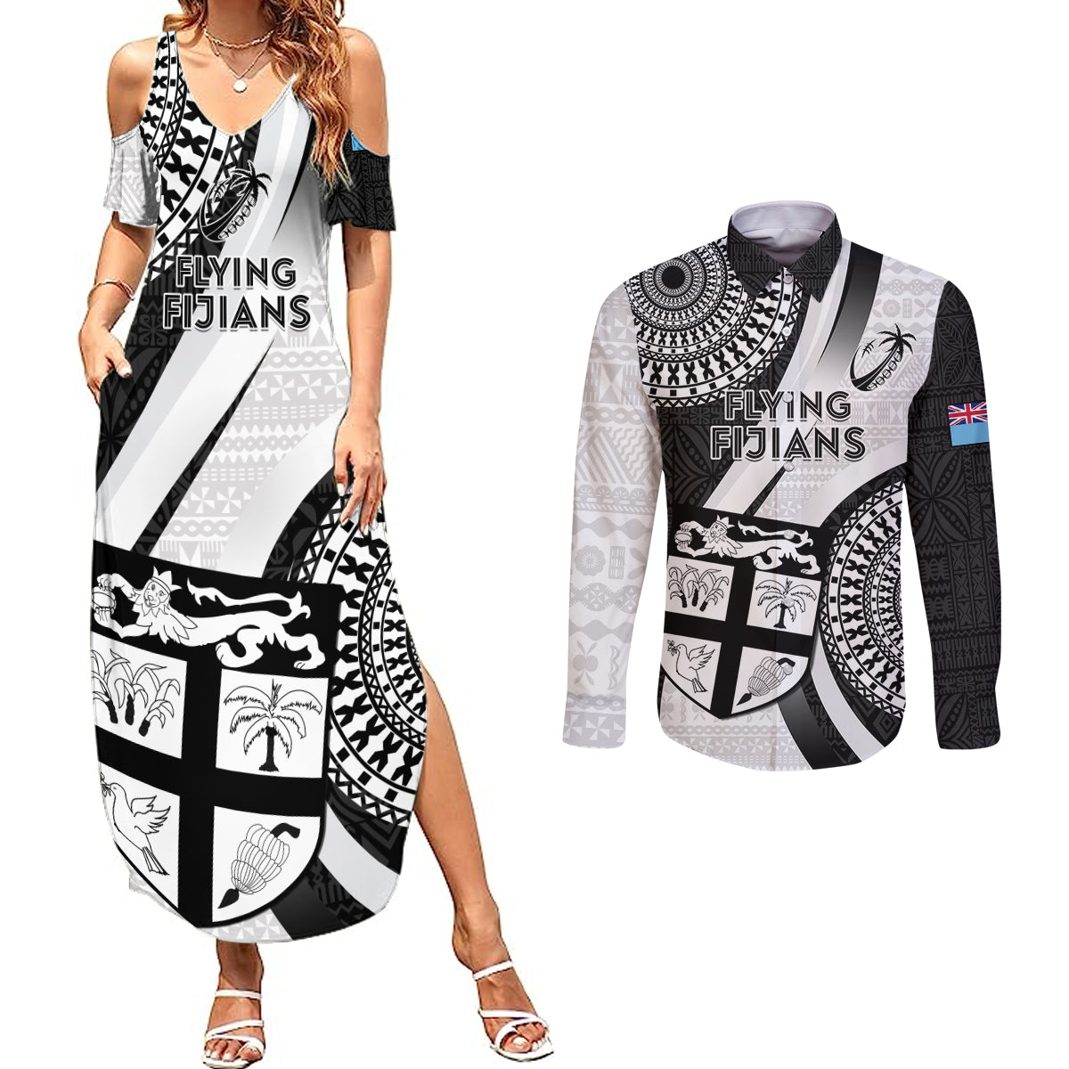 Fiji Rugby Couples Matching Summer Maxi Dress and Long Sleeve Button Shirts World Cup 2023 Go Champions Fijian Tapa Black Version LT14 Black - Polynesian Pride