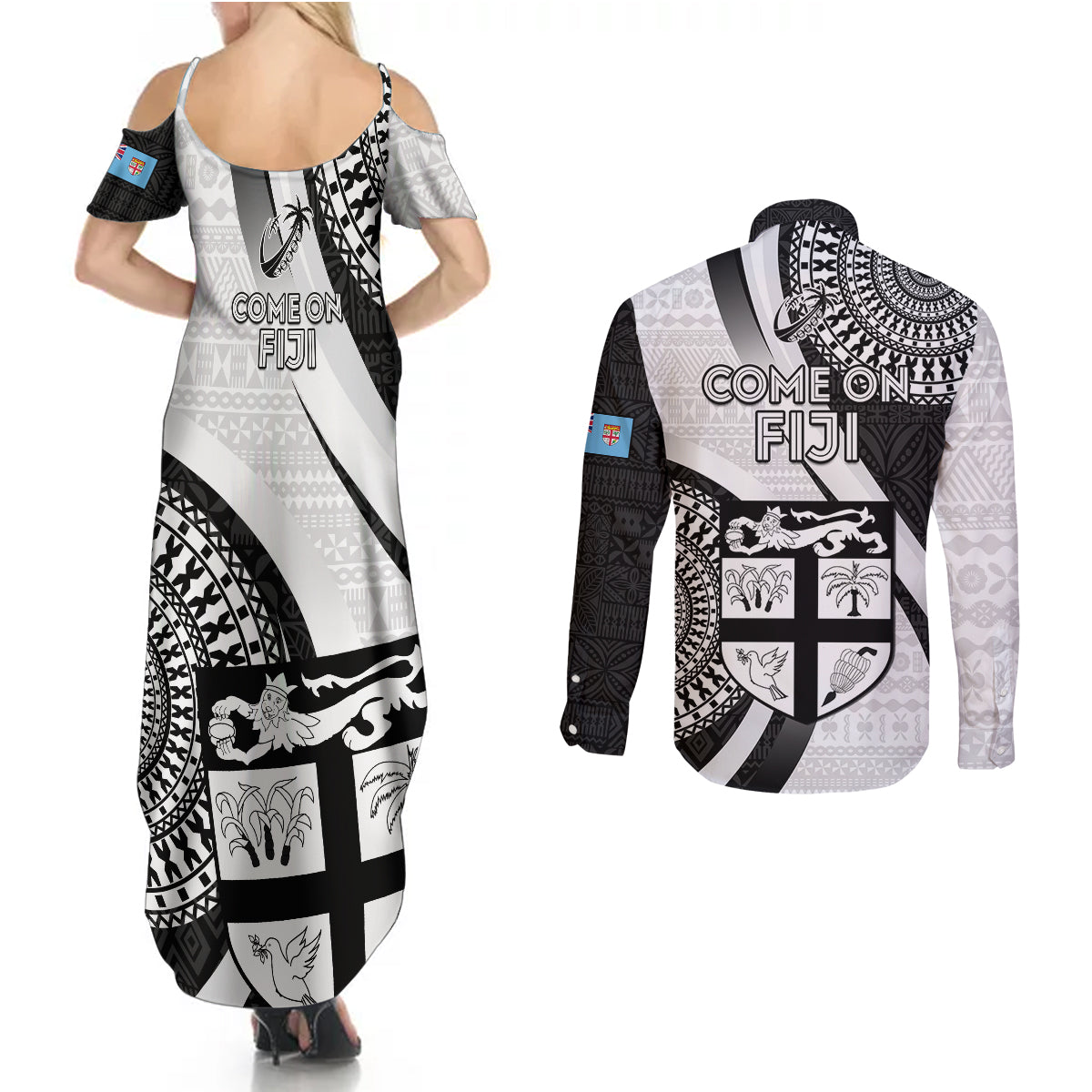 Fiji Rugby Couples Matching Summer Maxi Dress and Long Sleeve Button Shirts World Cup 2023 Go Champions Fijian Tapa Black Version LT14 - Polynesian Pride