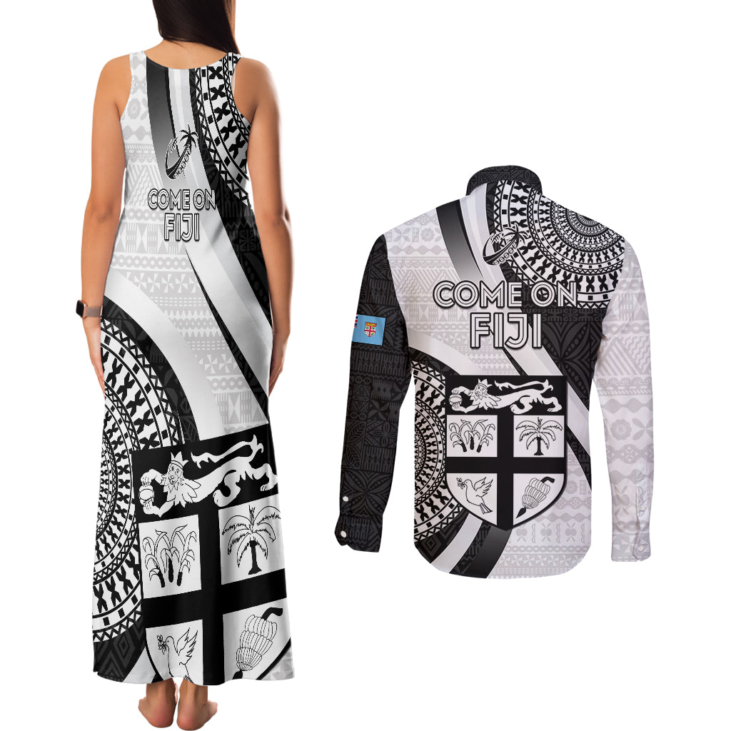 Fiji Rugby Couples Matching Tank Maxi Dress and Long Sleeve Button Shirts World Cup 2023 Go Champions Fijian Tapa Black Version LT14 - Polynesian Pride
