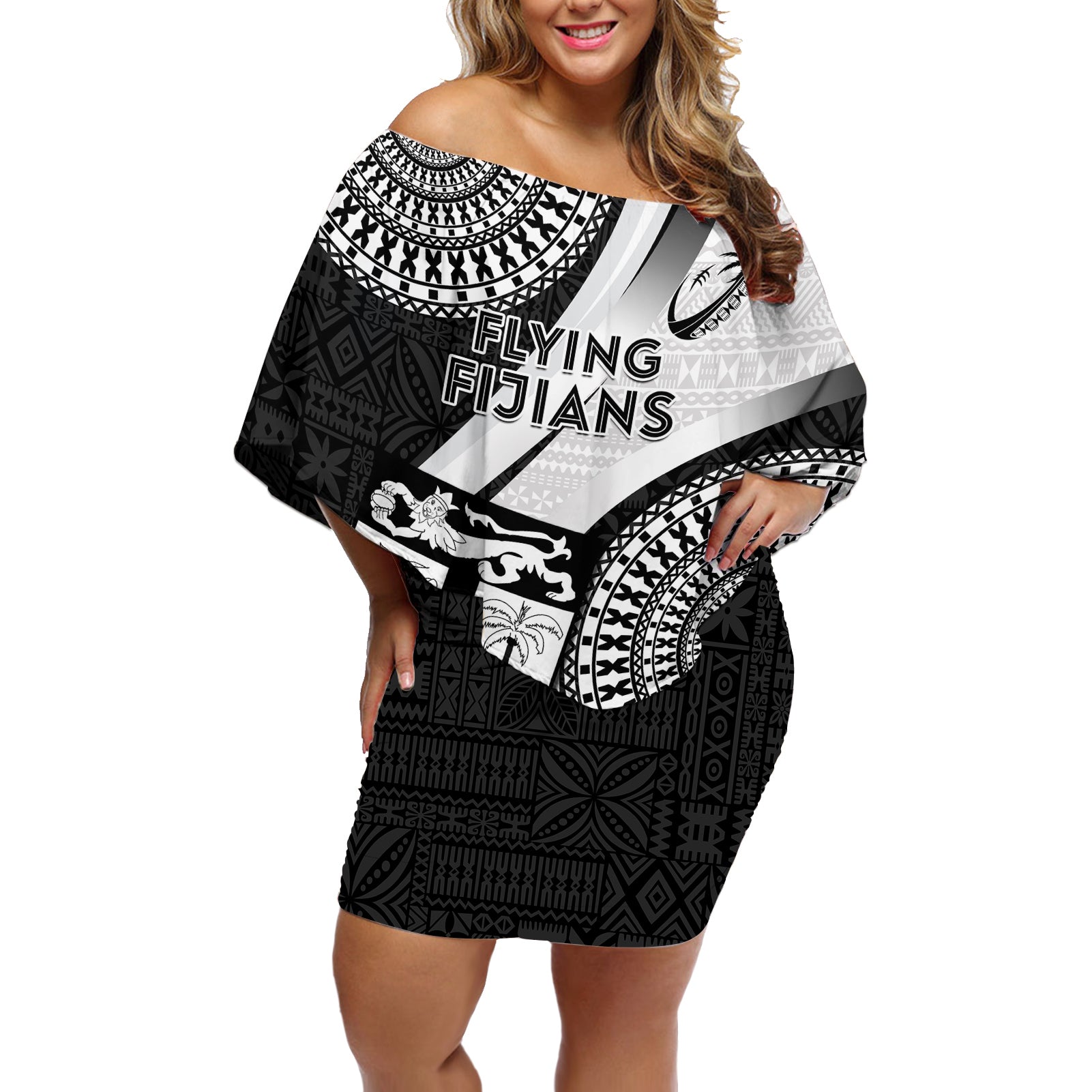 Fiji Rugby Off Shoulder Short Dress World Cup 2023 Go Champions Fijian Tapa Black Version LT14 Women Black - Polynesian Pride