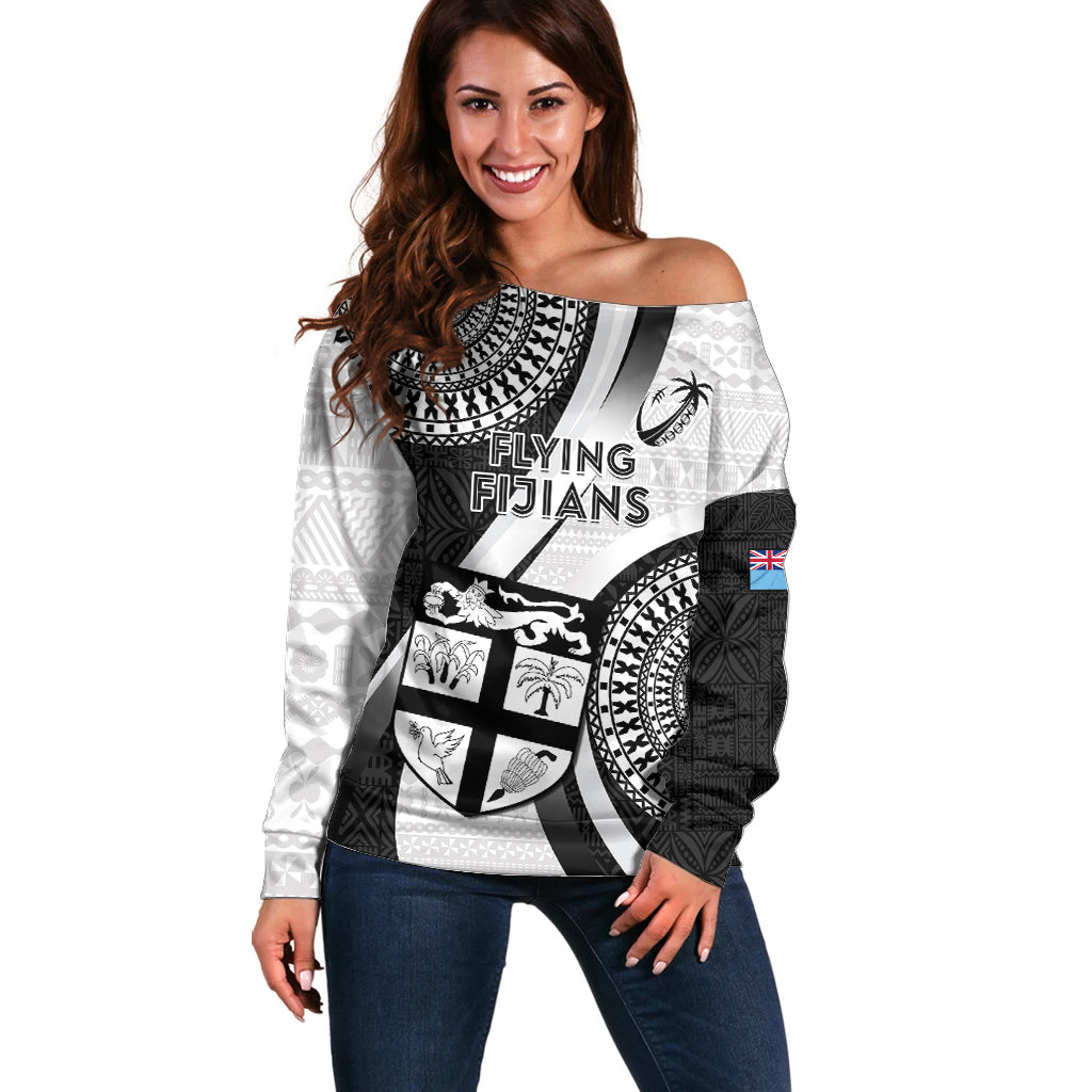 Fiji Rugby Off Shoulder Sweater World Cup 2023 Go Champions Fijian Tapa Black Version LT14 Women Black - Polynesian Pride