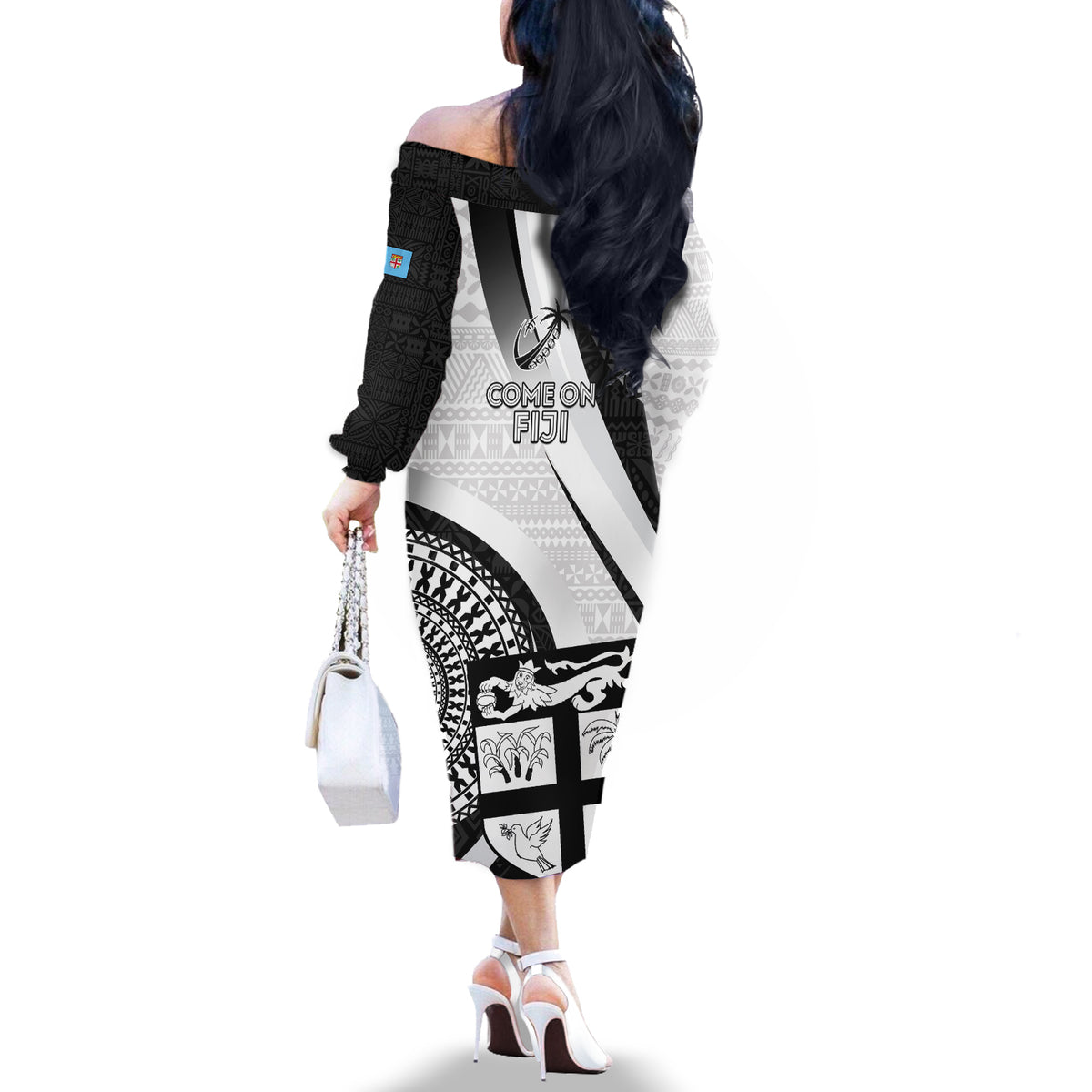 Fiji Rugby Off The Shoulder Long Sleeve Dress World Cup 2023 Go Champions Fijian Tapa Black Version LT14 - Polynesian Pride