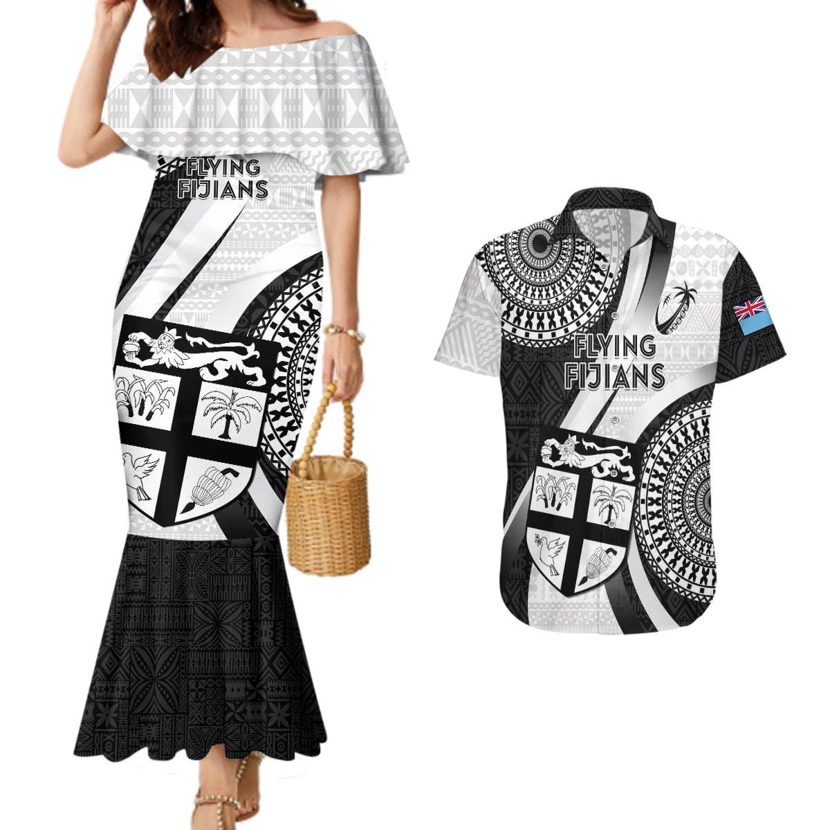 Custom Fiji Rugby Couples Matching Mermaid Dress and Hawaiian Shirt World Cup 2023 Go Champions Fijian Tapa Black Version LT14 Black - Polynesian Pride