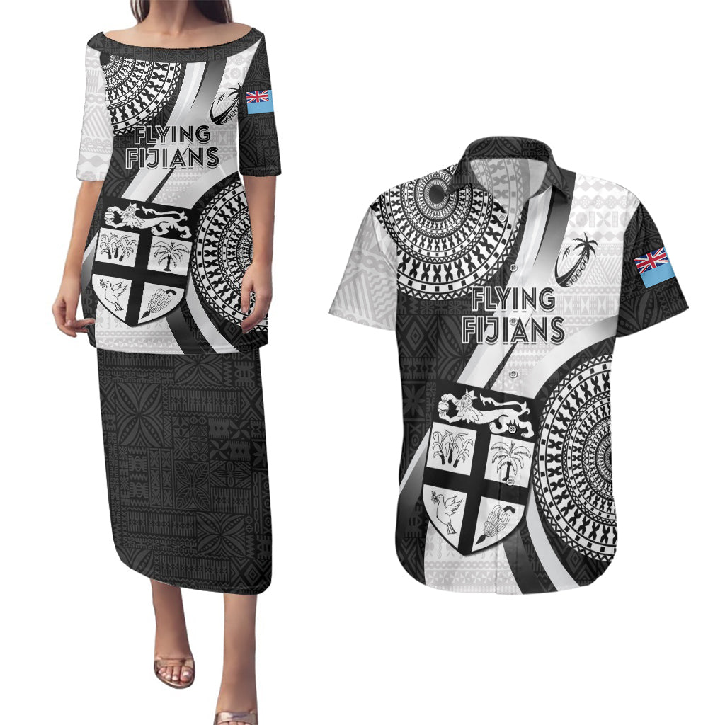 Custom Fiji Rugby Couples Matching Puletasi Dress and Hawaiian Shirt World Cup 2023 Go Champions Fijian Tapa Black Version LT14 Black - Polynesian Pride