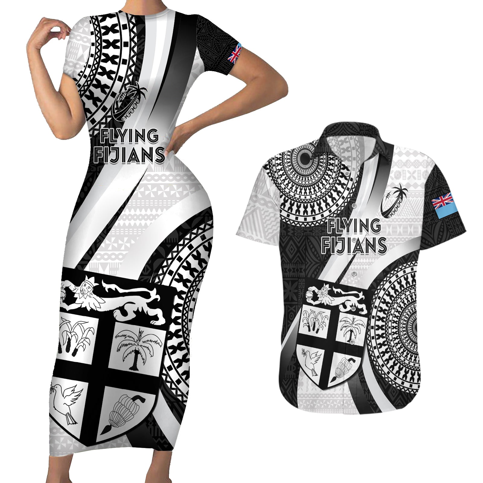 Custom Fiji Rugby Couples Matching Short Sleeve Bodycon Dress and Hawaiian Shirt World Cup 2023 Go Champions Fijian Tapa Black Version LT14 Black - Polynesian Pride