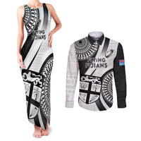 Custom Fiji Rugby Couples Matching Tank Maxi Dress and Long Sleeve Button Shirts World Cup 2023 Go Champions Fijian Tapa Black Version LT14 Black - Polynesian Pride