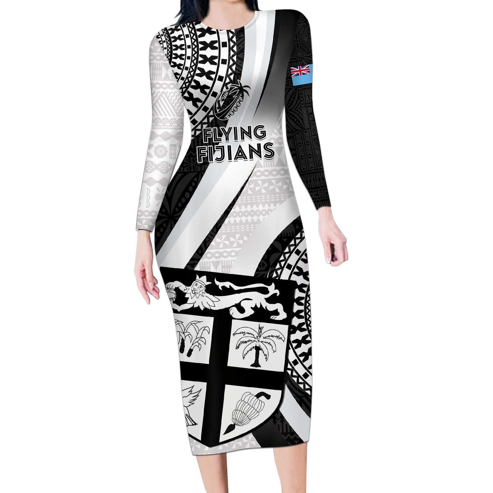 Custom Fiji Rugby Long Sleeve Bodycon Dress World Cup 2023 Go Champions Fijian Tapa Black Version LT14 Long Dress Black - Polynesian Pride