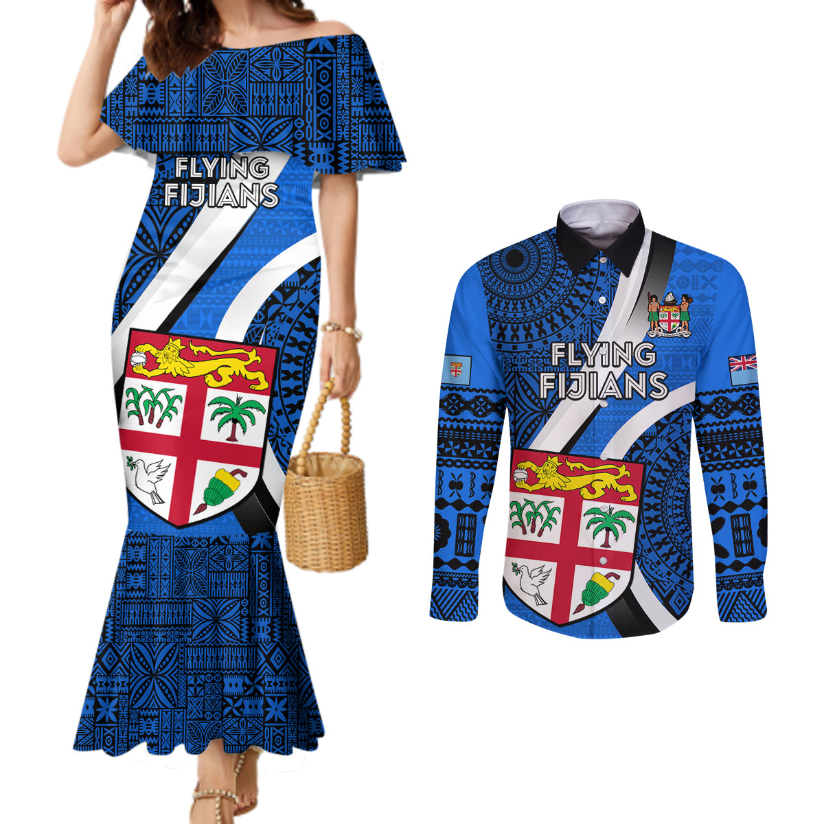 Fiji Rugby Couples Matching Mermaid Dress and Long Sleeve Button Shirts World Cup 2023 Go Champions Fijian Tapa Blue Version LT14 Blue - Polynesian Pride