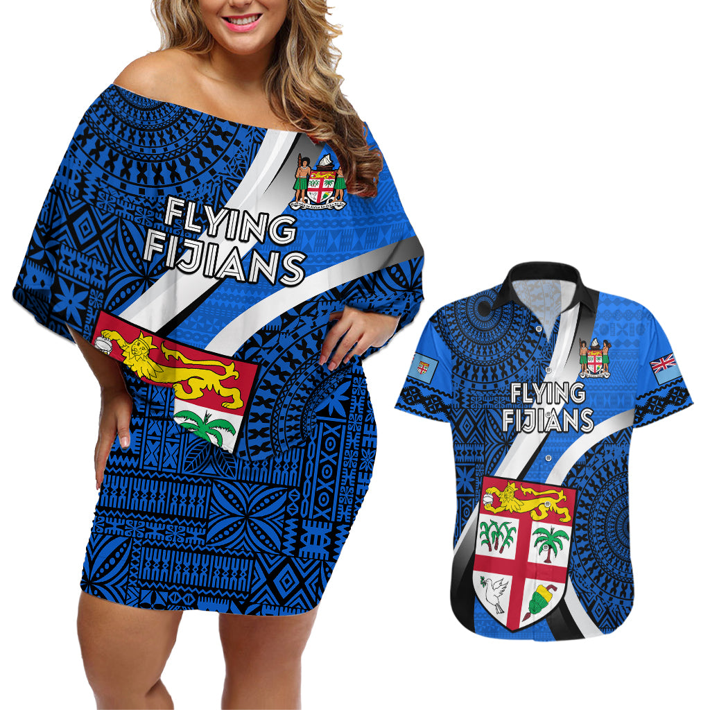 Fiji Rugby Couples Matching Off Shoulder Short Dress and Hawaiian Shirt World Cup 2023 Go Champions Fijian Tapa Blue Version LT14 Blue - Polynesian Pride