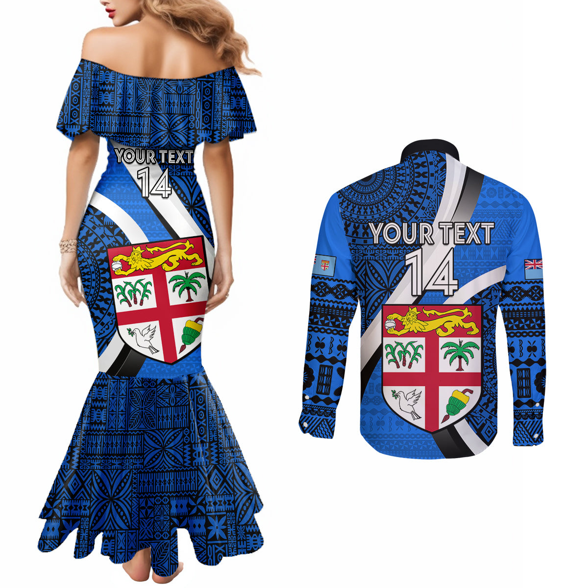 Custom Fiji Rugby Couples Matching Mermaid Dress and Long Sleeve Button Shirts World Cup 2023 Go Champions Fijian Tapa Blue Version LT14 - Polynesian Pride