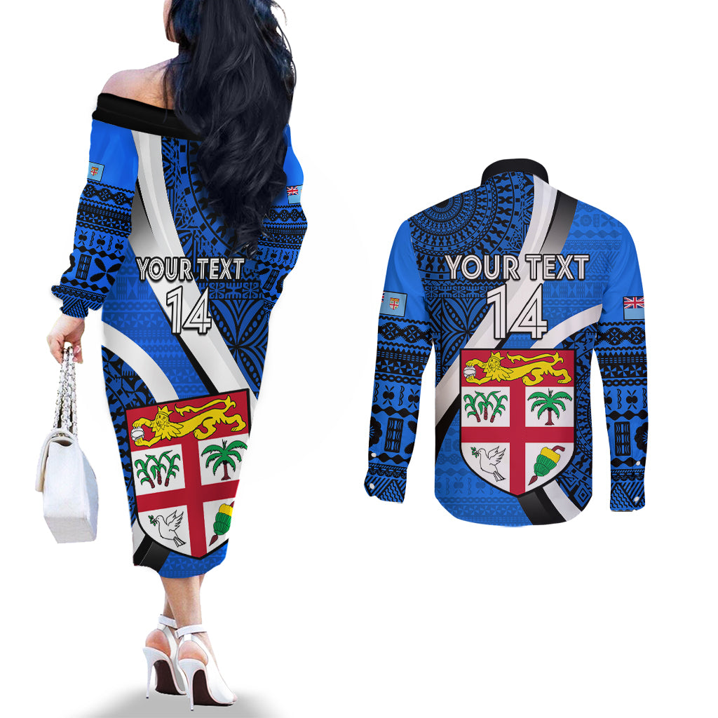 Custom Fiji Rugby Couples Matching Off The Shoulder Long Sleeve Dress and Long Sleeve Button Shirts World Cup 2023 Go Champions Fijian Tapa Blue Version LT14 - Polynesian Pride