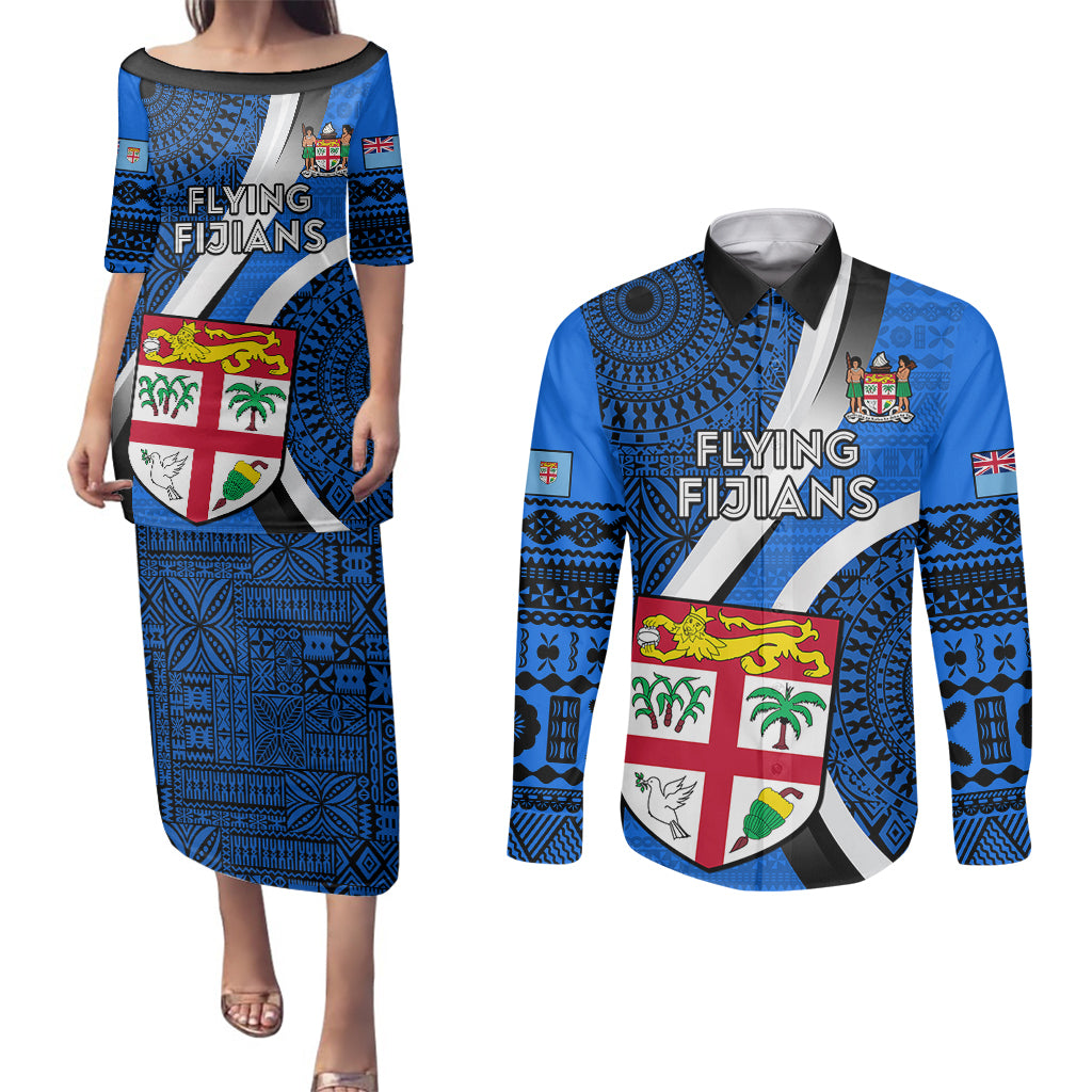 Custom Fiji Rugby Couples Matching Puletasi Dress and Long Sleeve Button Shirts World Cup 2023 Go Champions Fijian Tapa Blue Version LT14 Blue - Polynesian Pride