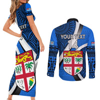 Custom Fiji Rugby Couples Matching Short Sleeve Bodycon Dress and Long Sleeve Button Shirts World Cup 2023 Go Champions Fijian Tapa Blue Version LT14 - Polynesian Pride