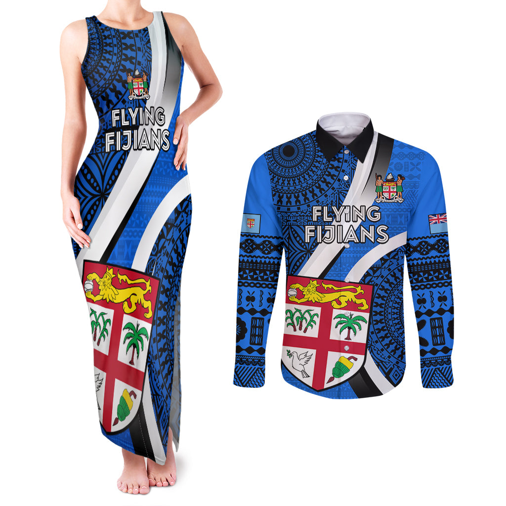 Custom Fiji Rugby Couples Matching Tank Maxi Dress and Long Sleeve Button Shirts World Cup 2023 Go Champions Fijian Tapa Blue Version LT14 Blue - Polynesian Pride