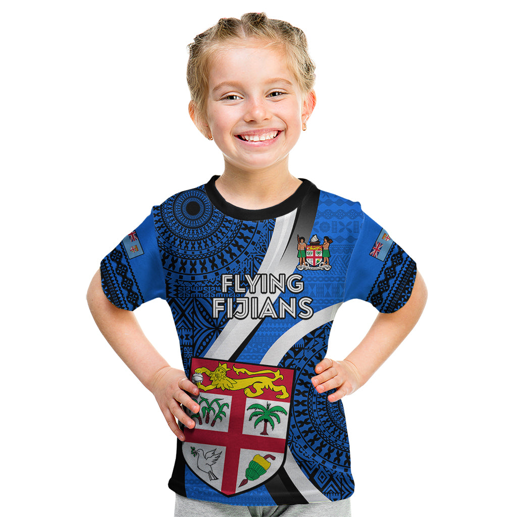 Custom Fiji Rugby Kid T Shirt World Cup 2023 Go Champions Fijian Tapa Blue Version LT14 Blue - Polynesian Pride