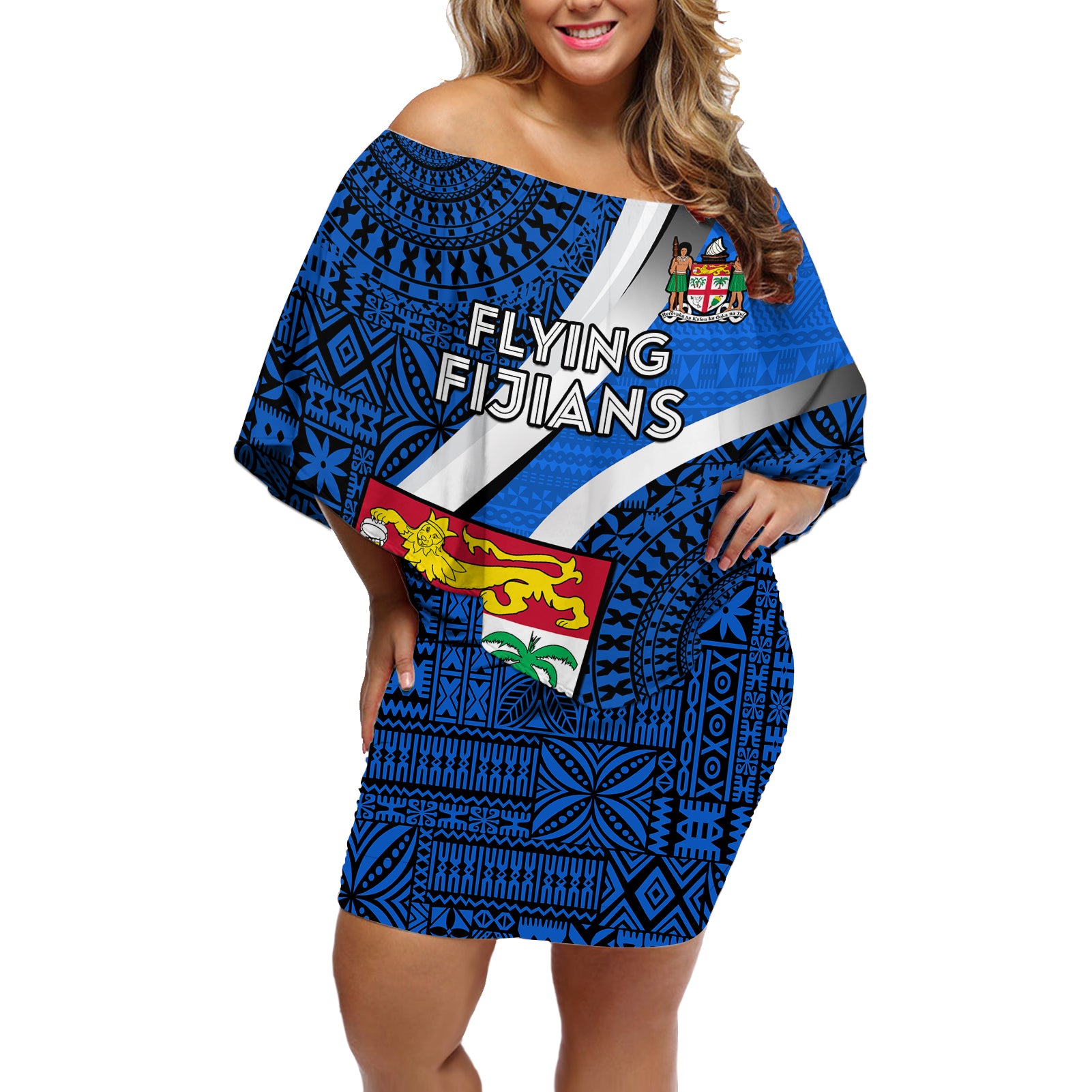 Custom Fiji Rugby Off Shoulder Short Dress World Cup 2023 Go Champions Fijian Tapa Blue Version LT14 Women Blue - Polynesian Pride