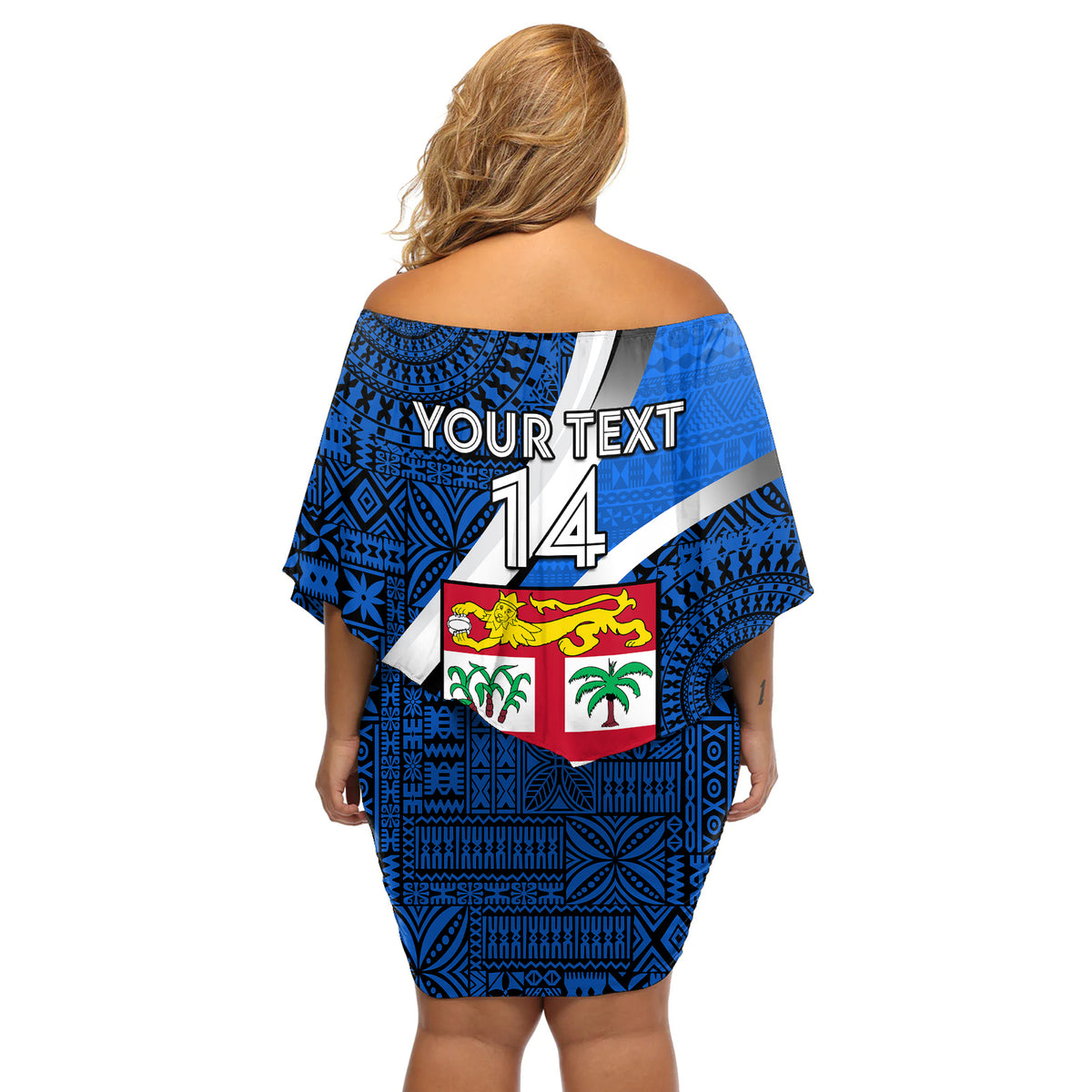 Custom Fiji Rugby Off Shoulder Short Dress World Cup 2023 Go Champions Fijian Tapa Blue Version LT14 - Polynesian Pride
