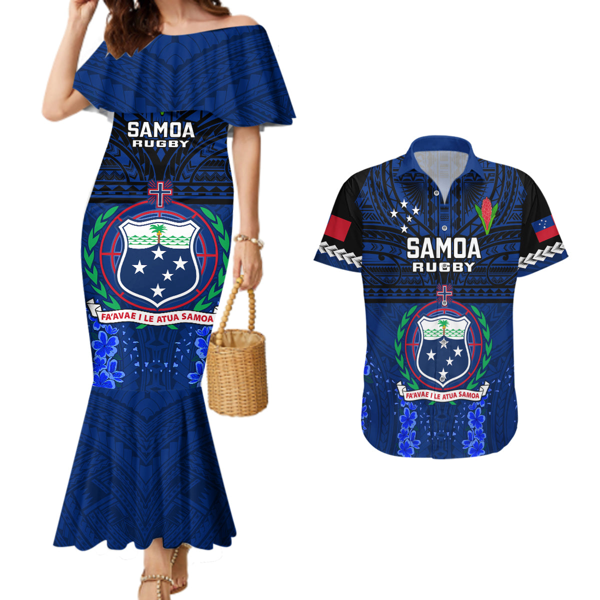 Samoa Rugby Couples Matching Mermaid Dress and Hawaiian Shirt World Cup 2023 Go Champions Manu Samoa LT14 Blue - Polynesian Pride