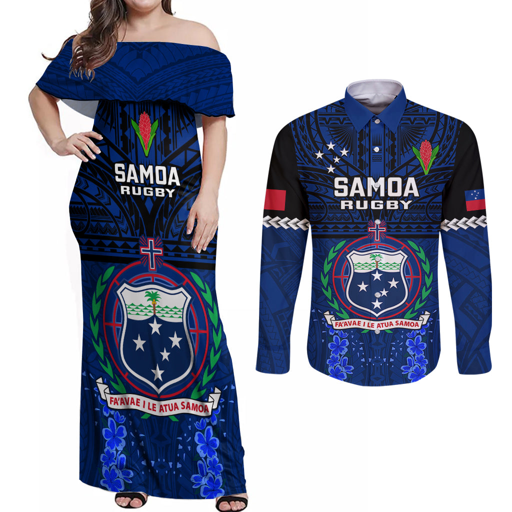 Samoa Rugby Couples Matching Off Shoulder Maxi Dress and Long Sleeve Button Shirts World Cup 2023 Go Champions Manu Samoa LT14 Blue - Polynesian Pride