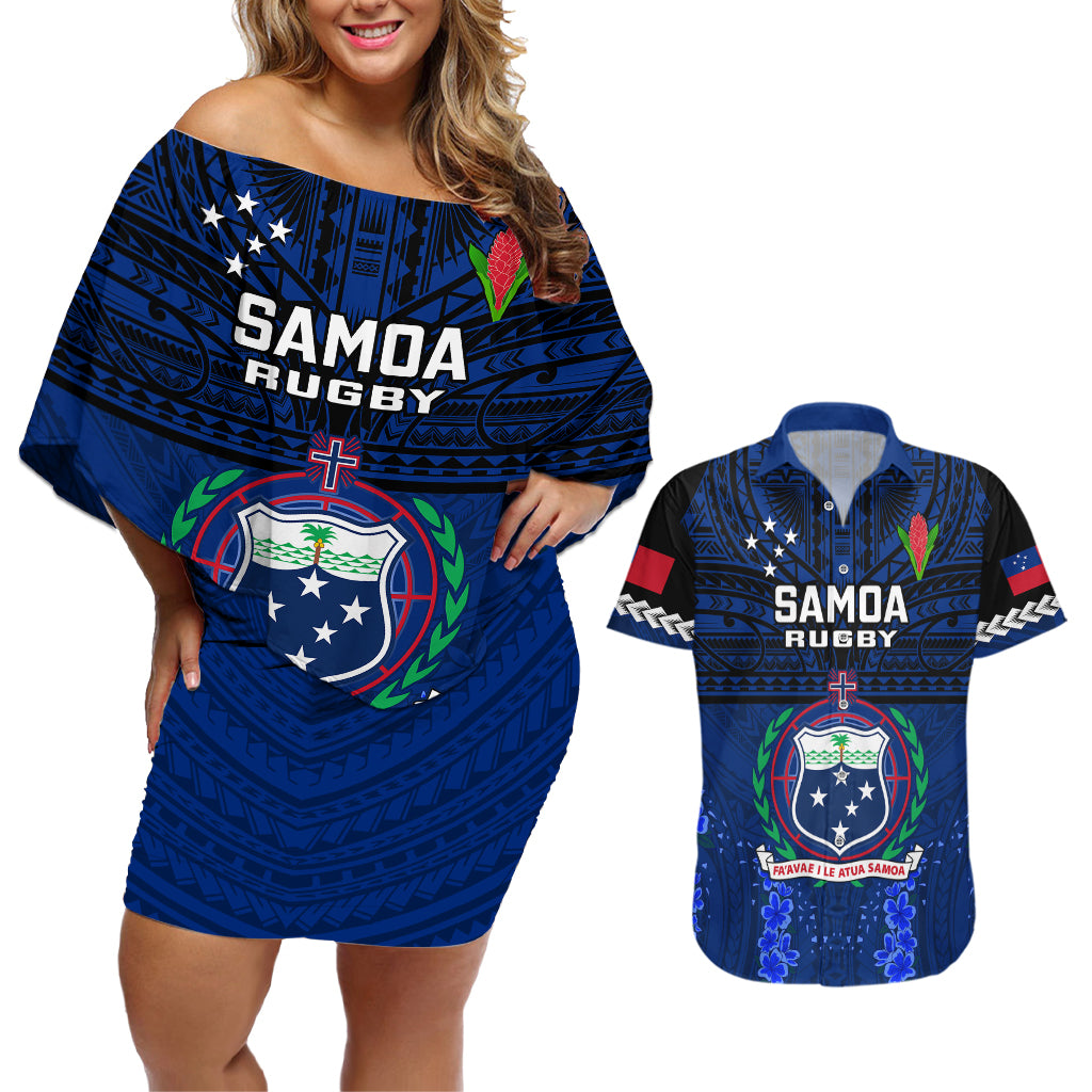 Samoa Rugby Couples Matching Off Shoulder Short Dress and Hawaiian Shirt World Cup 2023 Go Champions Manu Samoa LT14 Blue - Polynesian Pride