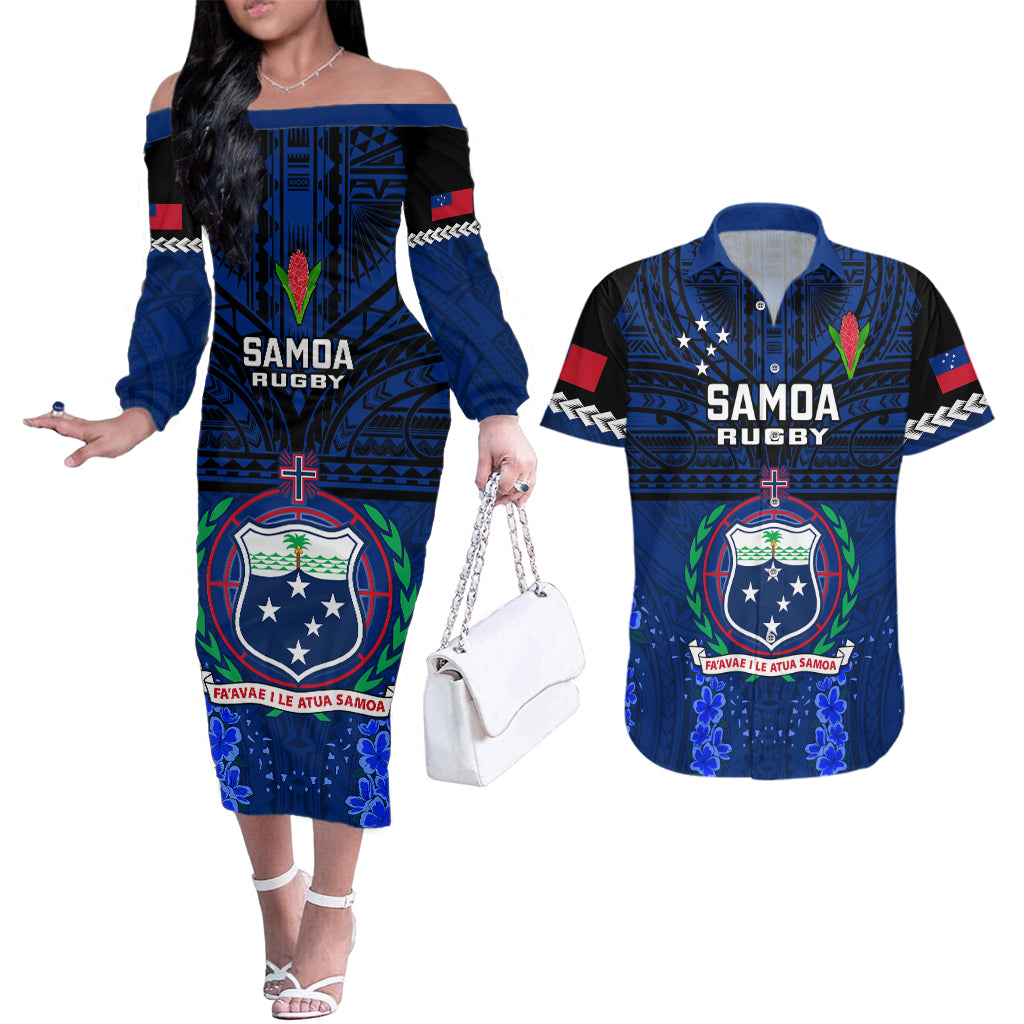 Samoa Rugby Couples Matching Off The Shoulder Long Sleeve Dress and Hawaiian Shirt World Cup 2023 Go Champions Manu Samoa LT14 Blue - Polynesian Pride