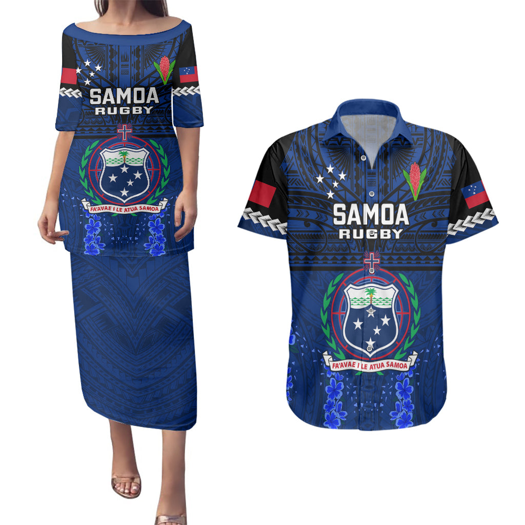 Samoa Rugby Couples Matching Puletasi Dress and Hawaiian Shirt World Cup 2023 Go Champions Manu Samoa LT14 Blue - Polynesian Pride