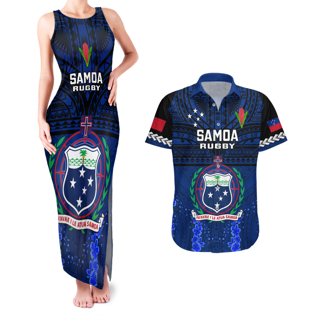 Samoa Rugby Couples Matching Tank Maxi Dress and Hawaiian Shirt World Cup 2023 Go Champions Manu Samoa LT14 Blue - Polynesian Pride