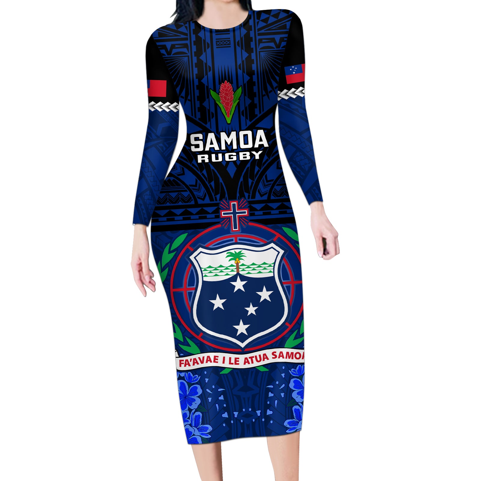 Samoa Rugby Long Sleeve Bodycon Dress World Cup 2023 Go Champions Manu Samoa LT14 Long Dress Blue - Polynesian Pride